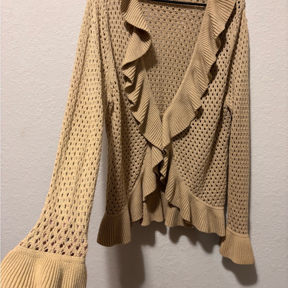 Vtg Pointelle Knit Cardigan XL Tan Ruffle Bell Sleeve Coquette Coastal Boho Doll - Picture 4 of 16